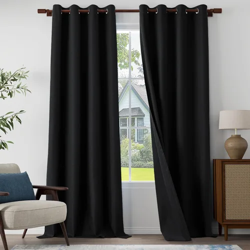 Vista 30 de Cortinas texturizadas de lino 100% opacas de 64 pulgadas de largo, juego de 2 paneles para granja, casa de campo, cortinas ligeras con ojales