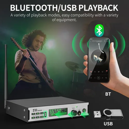 Vista 12 de XTUGA Sem100 in Sistema de monitor de oído estéreo inalámbrico 1 Bodypacks recargables Monitoreo UHF con Bluetooth Select Wireless en auriculares