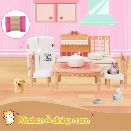 Vista 6 de Juego de muebles para casa de muñecas, colección completa de habitación con cocina, comedor, sala de estar, dormitorio y accesorios de baño