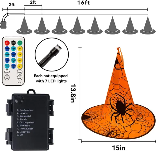 Vista 3 de WATERGLIDE Decoraciones de Halloween, 8 sombreros de bruja colgantes iluminados, con 8 modos de iluminación, cadena de luces de Halloween de 16