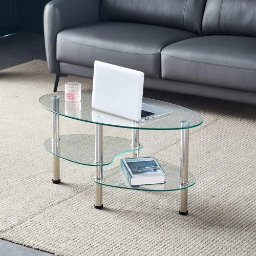 Vista 6 de Mesa de té de vidrio ovalada para oficina, mesa de centro moderna de 3 niveles, mesa auxiliar para sala de estar (negro)