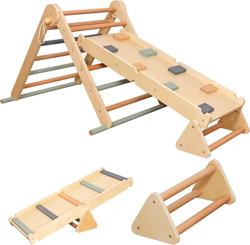 Vista 2 de Juego de escalada plegable para niños con escalera, rampa, haz de equilibrio; juguetes de escalada de madera triangular para niños pequeños de 1 a 3