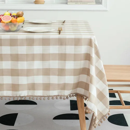 Vista 12 de Jubilantex - Mantel cuadrado de cuadros de búfalo blanco y negro con borlas, textura de lino rústico, mantel de estilo granja para mesa de cocina