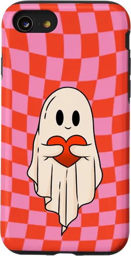 Vista 18 de Funda para iPhone 17 de San Valentín Retro Ghost Hugging Heart Checkerboard Rosa Rojo