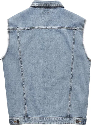 Vista 12 de JYG Chaleco de mezclilla para hombre, casual, elástico, estilo camionero, chalecos, a la moda, vintage, sin mangas, chaleco