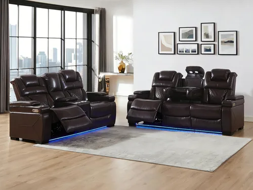 Vista 15 de THSUPER Juego de sofás reclinables de cuero transpirable con potencia con luz LED, asientos reclinables de cine en casa con reposacabezas