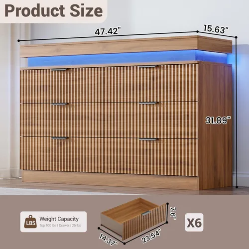 Vista 2 de Cómoda acanalada de 6 cajones para dormitorio con estación de Nogal