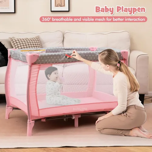 Vista 4 de BABY JOY 3 en 1 portátil Pack and Play con moisés, cuna de viaje convertible para bebé con cambiador, rueda de freno, Napper recién nacido