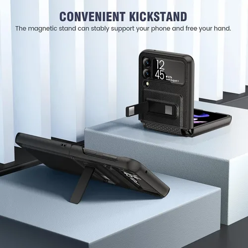 Vista 3 de Caka Compatible para Galaxy Z Flip 3 5G con soporte de patas, Funda para Z Flip 3 con protector de cámara, protección de bisagras y carga Negro