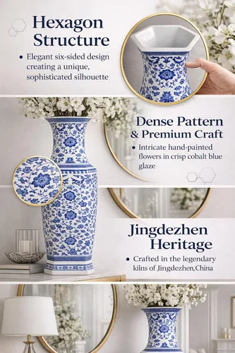Vista 10 de 24" clásico azul y blanco hexagonal Lotus porcelana jarrón, jarrón de cerámica Jingdezhen, estilo Qing de China (D8)
