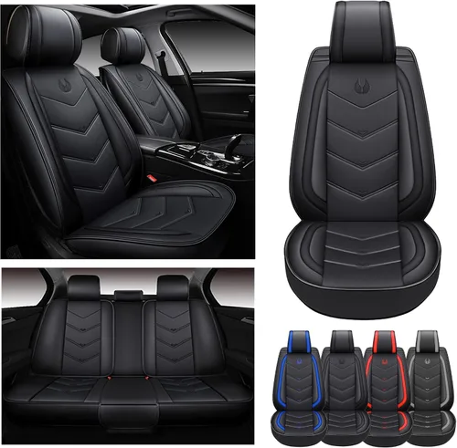 Vista 8 de OASIS AUTO OS-003, Fundas de cuero y tela para asientos de automóvil. Cubierta acojinada de cuero sintético para autos, SUV, camioneta Pick-up, Negro