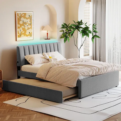 Vista 8 de P PURLOVE Cama de plataforma tapizada de tamaño matrimonial con nido, marco de cama tapizado con luces LED, cama de plataforma de vellón de peluche