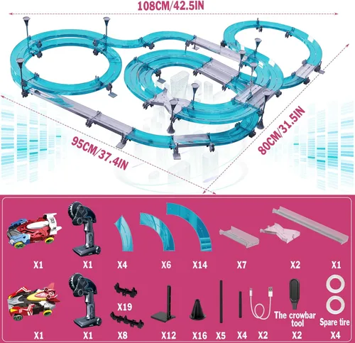 Vista 5 de Juegos de pistas de carreras de coches de ranura eléctrico a control remoto para niños, juego de carreras eléctrico recargable con controladores