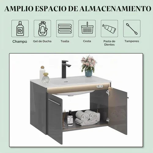 Vista 6 de AMERLIFE - Tocador de baño flotante LED de 31 pulgadas con lavabo individual, color gris