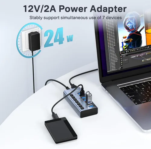 Vista 4 de Hub USB 3.2 alimentado, concentrador USB 3.2 de 7 puertos ACASIS con velocidad de datos de 10 Gbps, carcasa de aluminio, concentrador USB alimentado