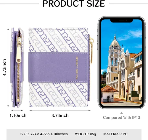 Vista 4 de OIDERY Cartera pequeña con tarjetero para mujer, billetera compacta plegable con ventana de identificación, cartera para mujer con cremallera