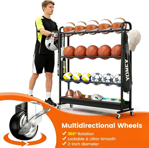 Vista 5 de Estante de baloncesto ajustable con ruedas, carrito de almacenamiento de pelotas deportivas de 4 niveles para baloncesto, fútbol, voleibol, fútbol