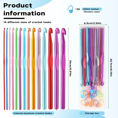 Vista 2 de Mayboos Juego de 35 ganchos de ganchillo, mango ergonómico de aluminio coloreado, agujas de tejer de ganchillo para hilo artesanal