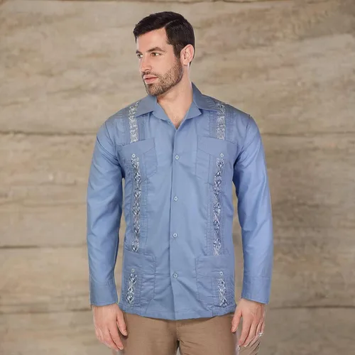 Vista 2 de Guayabera - Camisa de vestir casual con botones y manga larga para hombre, Azul/claro
