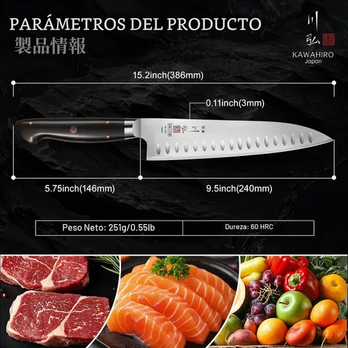 Vista 3 de Cuchillo de chef profesional, cuchillo de chef japonés hecho a mano de 9.5 pulgadas para cocina eficiente, cuchillo gyuto de acero de aleación