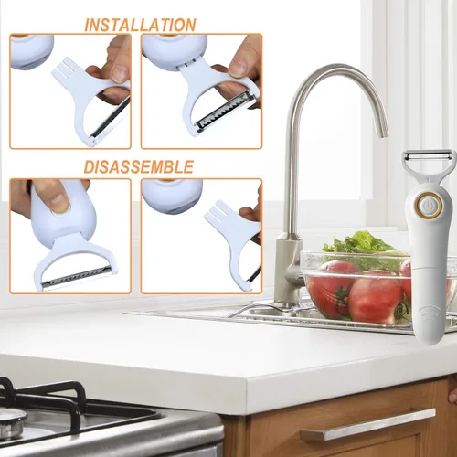 Vista 6 de Pelador eléctrico de frutas y verduras, juego profesional de pelador de patatas de mano, cortador de cocina con 3 cuchillas intercambiables