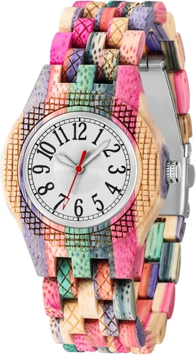 Vista 10 de Tiong Reloj de madera para mujer con correa de madera, diseño clásico analógico, colorido, de bambú, relojes para mujeres, parejas