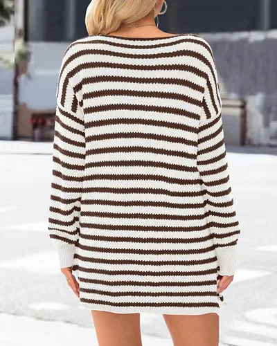 Vista 5 de KIRUNDO Suéter de manga larga a rayas de gran tamaño para mujer, cuello redondo, con abertura lateral, para otoño e invierno 2024