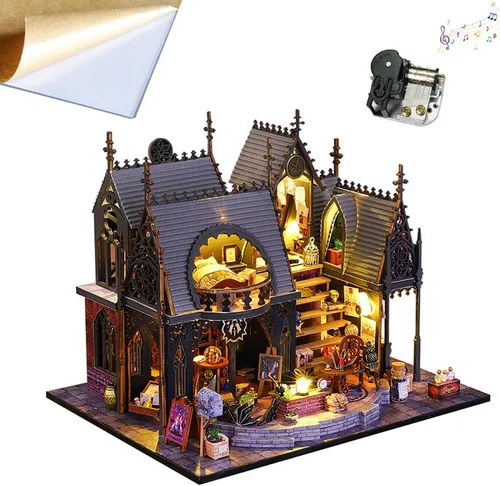 Vista 6 de Rompecabezas de madera DIY modelo arquitectónico 3D Mini kit de muebles de casa de muñecas con música y luces LED, habitación creativa mejor