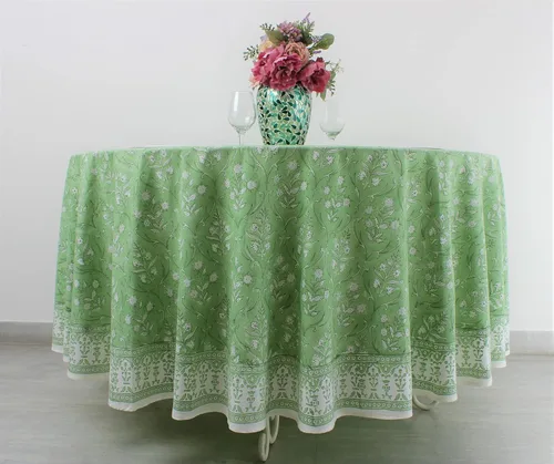 Vista 47 de Mantel redondo con estampado de bloque a mano, 100% algodón, reutilizable, color verde espárragos, 60 pulgadas, mantel decorativo para uso diario