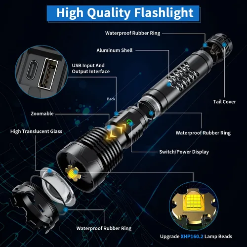 Vista 7 de Linterna LED súper brillante Weoxi, 1000000 lúmenes recargables con mango largo, batería de 10000mAh, 5 modos con zoom para camping al aire libre