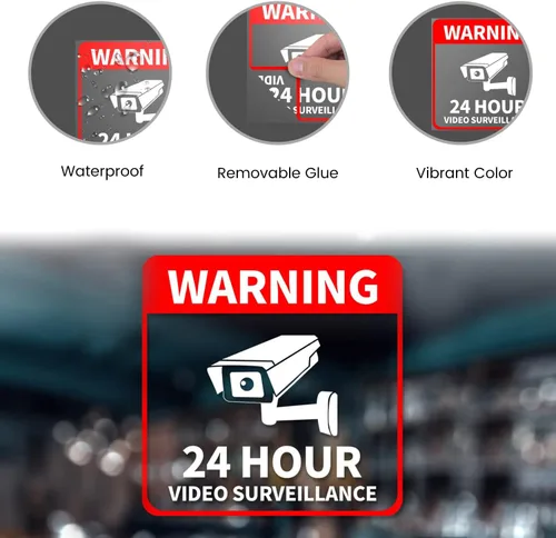 Vista 4 de Vinilo adhesivo de videovigilancia de 6 x 6 pulgadas, 24 horas, cámara CCTV, advertencia, seguridad, para ventana, puerta, negocios, paquete de 5