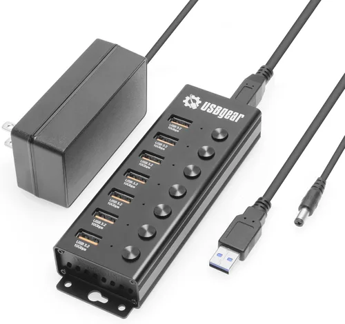 Vista 10 de USBGear Hub USB de 7 puertos 3.2 Gen 1 – Concentrador de datos supervelocidad montable con puertos USB para laptop, PC, escritorio y más, adaptador