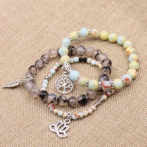 Vista 2 de UEUC - Pulseras Reiki, apilables, de piedras curativas, cristales, con dije del árbol de la vida, yoga y hoja de loto, contra la ansiedad