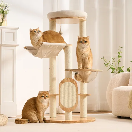 Vista 9 de Moderno árbol de madera maciza para gatos de interior de hasta 15 libras, torre para gatos de 49 pulgadas de alto con postes rascadores y rascador
