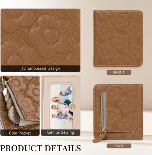 Vista 3 de Billetera para mujer, delgada y pequeña, billetera compacta con RFID, plegable, compacta, para mujer, cartera de cuero en relieve 3D con soporte
