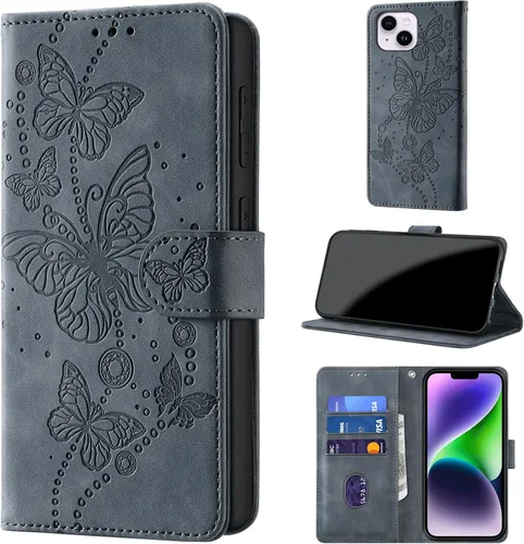 Vista 10 de Funda tipo cartera para iPhone 14 Plus, color borgoña Bloqueo RFID, soporte para 3 tarjetas, carcasa de TPU a prueba de golpes, cierre magnético