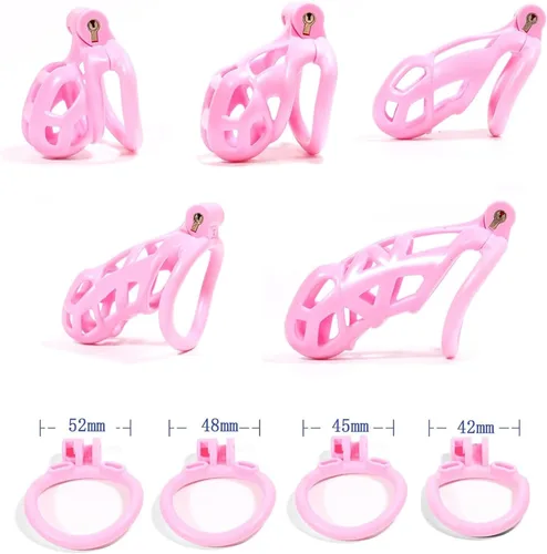 Vista 4 de Jaula de castidad rosa 2.0 dispositivo de castidad masculina con 4 anillos de resina ligera jaula de castidad para hombre pene ejercicio de bondage