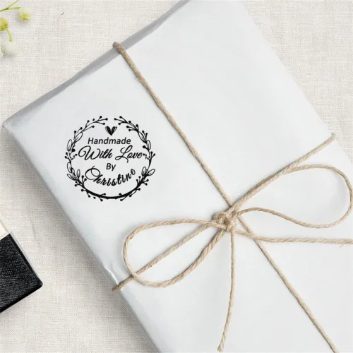 Vista 5 de Sello de negocios de boda personalizado personalizado 1.654 in redondo hecho a mano con amor por nombre diseño familiar monograma firma DIY tarjeta