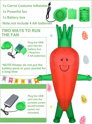 Vista 4 de Disfraz inflable de zanahoria de Pascua para adultos, divertido disfraz de frutas y verduras para hombres y mujeres, fiesta de cosplay de Pascua