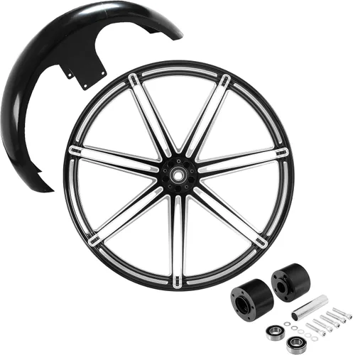 Vista 123 de TCMT Llanta de rueda delantera de 21", buje de rueda de brida de doble disco con guardabarros delantero negro sin pintar, compatible con modelos