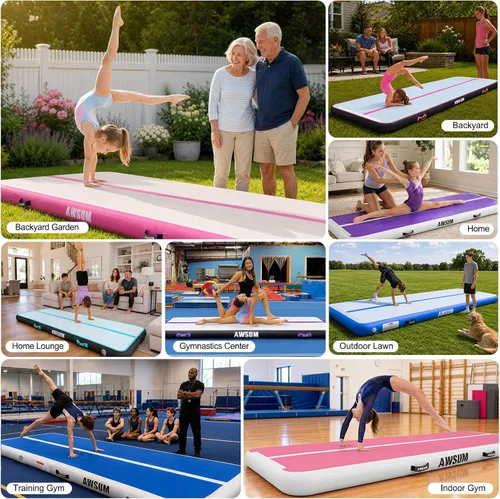 Vista 2 de AWSUM Tapete inflable de gimnasia de aire de 10 pies, 13 pies, 16 pies, 20 pies, 23 pies tapete de entrenamiento de 4/8 pulgadas de grosor con bomba