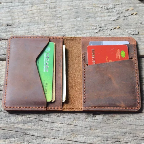 Vista 3 de JJNUSA Billetera de cuero minimalista hecha a mano para hombre, diseño de flores marrones