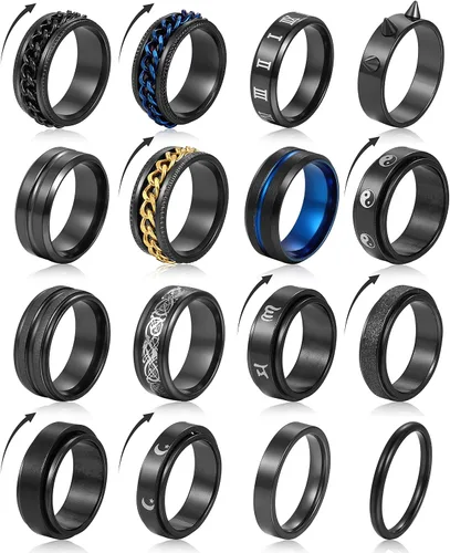 Vista 7 de Anillos negros de acero inoxidable para hombres, juego de anillos de promesa de boda para hombres, anillos de ansiedad simples y geniales