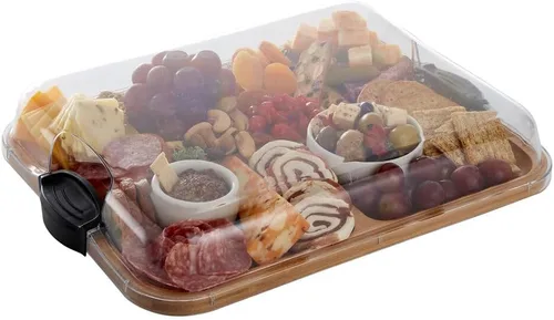 Vista 11 de FARBERWARE Tabla de cortar Build-a-Board con tres compartimentos y tapa de bloqueo transparente para charcutería, bocadillos y más, de acacia