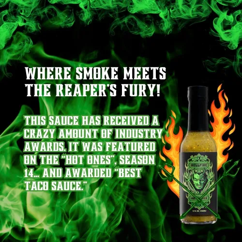 Vista 2 de Hellfire Hot Sauce Devil's Blend - Salsa Verde Gourmet picante picante de Carolina Reaper asada al fuego, presentada en el programa de televisión