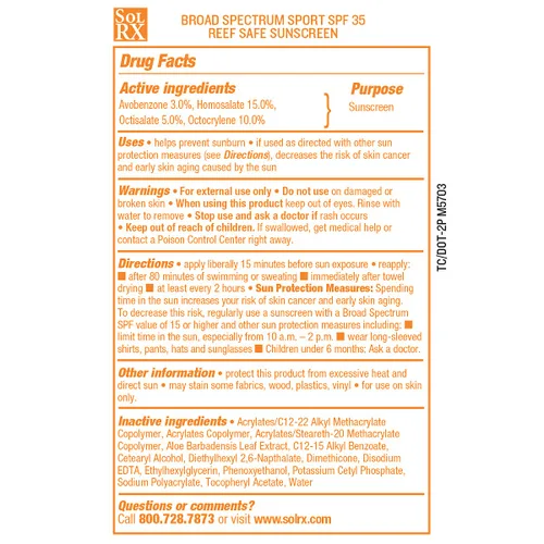 Vista 7 de SolRX SPORT SPF 35 Protector solar, apto para arrecifes, libre de oxibenzona, sin fragancia Oxybenzone-Free Reef Friendly, Eco-Safe, Complies With