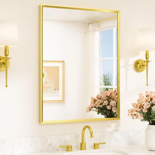 Vista 36 de TETOTE Espejo de baño dorado cepillado de 20" x 30", espejo de tocador de baño rectangular de latón dorado cepillado con marco biselado para sobre