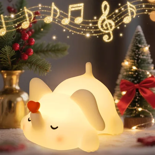Vista 2 de Luz nocturna de elefante para niños con música, lámpara de silicona blanda para guardería, linda luz de animal de 3 niveles regulable y recargable