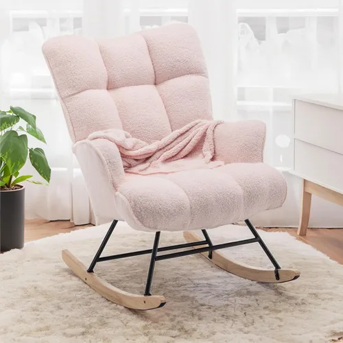 Vista 10 de SAETSFEG - Mecedora tapizada estilo osito de peluche para cuarto de bebé, con respaldo alto, silla de columpio con asiento acolchado, cómoda silla