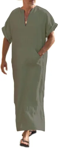 Vista 9 de COOFANDY - Bata de cuello en V de lino para hombre, manga corta, kaftán, thobe, túnica larga, camisa casual para playa, verano 01-Blanco